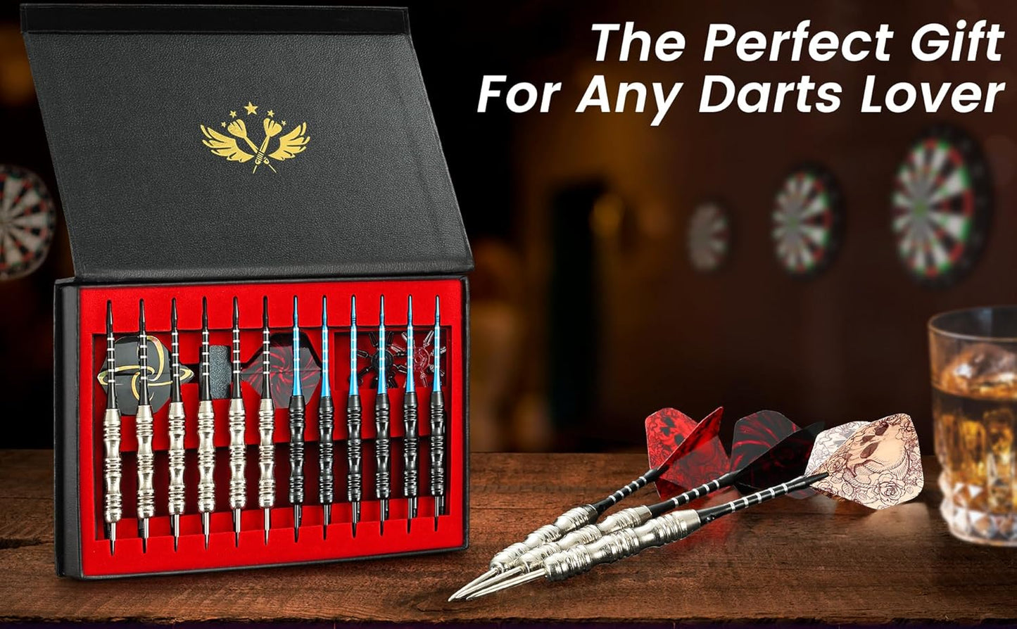 Darts Metal Tip Set Professional Metal Darts for Dartboard Steel Tip Darts with Nonslip Iron Barrel Aluminum Dart Shafts,Extra Flights,Dart Sharpener,Gift Box